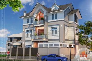 Biệt thự hiện địa mái thái 3 tầng - Bắc Giang - phối cảnh mặt đứng bên