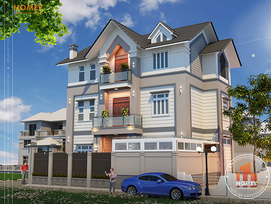 Biệt thự hiện địa mái thái 3 tầng - Bắc Giang - phối cảnh mặt đứng bên