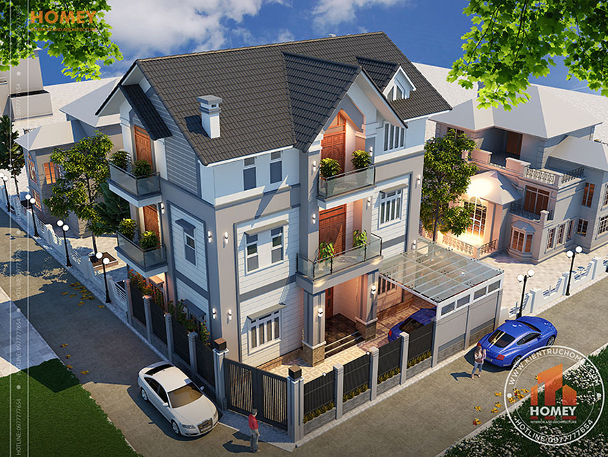 Biệt thự hiện địa mái thái 3 tầng - Bắc Giang - phối cảnh tổng thể