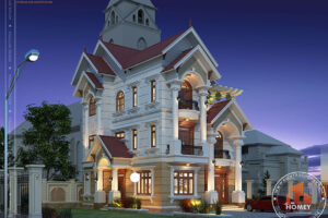 Phối cảnh góc biệt thự hiện đại 3 tầng mái thái