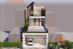 Nhà mái chéo 3 tầng gạch gió hướng tây chống nắng kiến trúc xanh