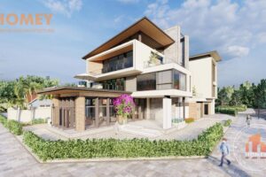 biệt thự hiện đại 3 tầng mái chéo kết hợp bằng có thang máy