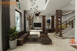nội thất biệt thự 3 tầng phòng khách nội thất gỗ óc chó