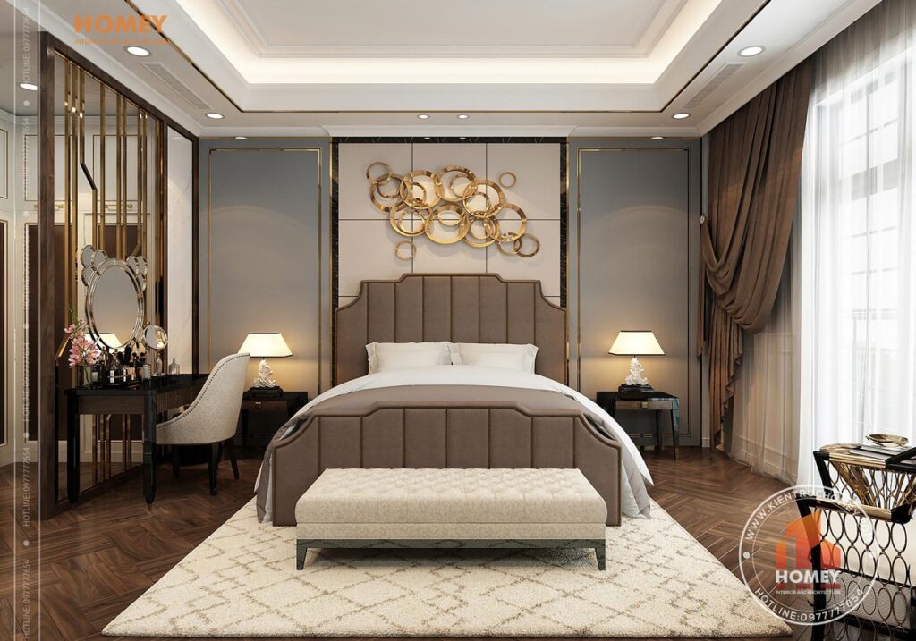 nội thất biệt thự phòng ngủ phong cách luxury giường da nỉ