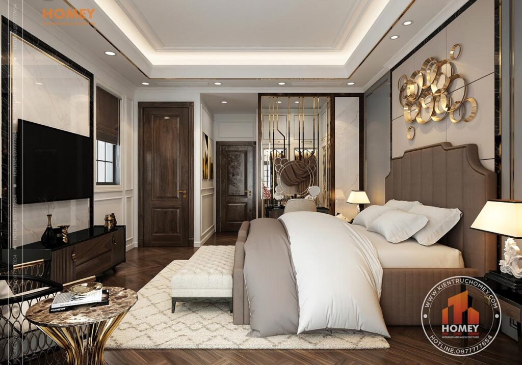 nội thất biệt thự phòng ngủ phong cách luxury giường da nỉ hoành tráng sang trọng