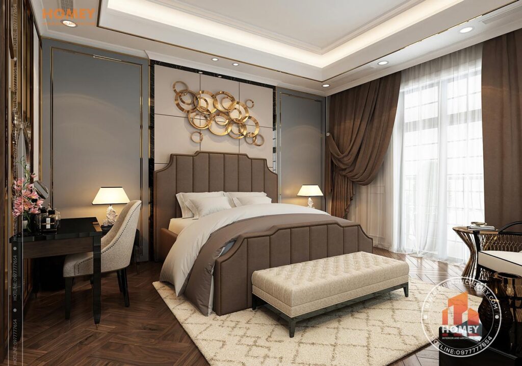 nội thất biệt thự phòng ngủ phong cách luxury giường da nỉ sang trọng