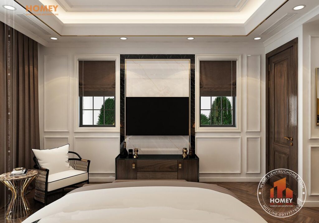 nội thất biệt thự phòng ngủ phong cách luxury giường da nỉ sang trọng đẹp