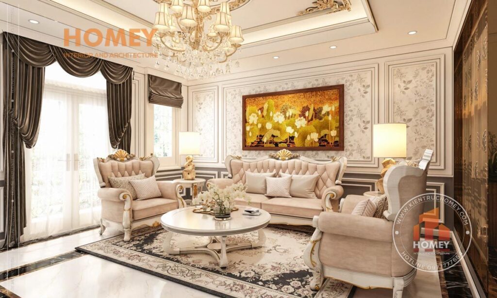 nội thất phòng khách tân cổ điển sang trọng tông màu trắng kem