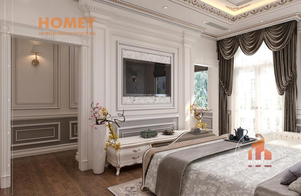nội thất phòng ngủ tân cổ điển sang trọng kệ tivi