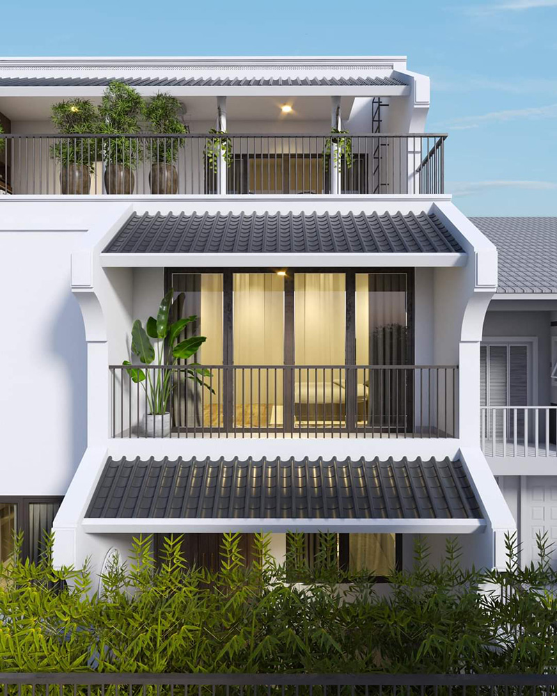 7. Mẫu thiết kế nhà phố kiến trúc đông dương đẹp kết hợp với mái ngói truyền thống